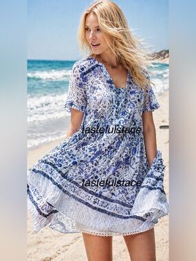 Anthropologie Maeve Morning Glory Cream and Blue Print Swing Dress